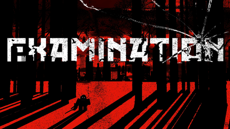 The Examination title over a red and black facility scene